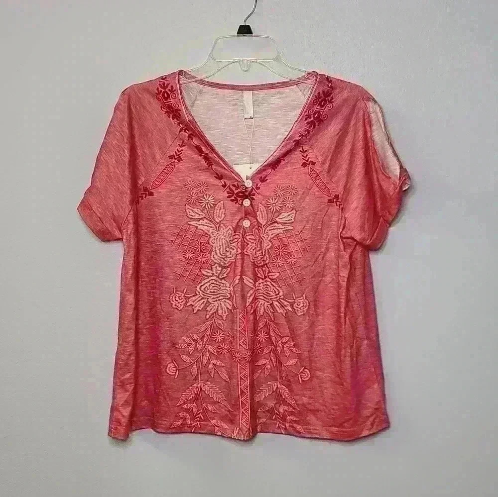 NWT NoraCora Women's cold shoulder short sleeve button front blouse size L